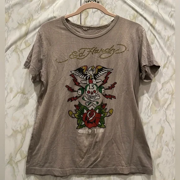 Ed Hardy Y2K vintage tee skull rose red green gold grey casual short sleeve Med - Picture 2 of 9